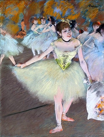 Edgar Degas, Tänzerinnen auf der Bühne. 1879-81 (Degas,Edgar,1834-1917,Christie's Images Ltd,Pastell auf Papier,19. Jahrhundert,Impressionismus,Tanz,Tänzerin,Theater,Degas,Edgar Degas,19. Jahrhundert,20. Jahrhundert,Ballett,Ballerina,Balletttänzerin,Impressionismus,Mädchen,jung,Bühne,Blumenstrauß, franz)