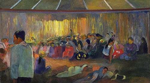 Paul Gauguin, TE FARE HYMENEE (La Maison des Chants / Im Gesangshaus). 1892 (Öl auf Leinwand,19. Jahrhundert,Christie's Images Ltd,1848-1903,Gauguin,Paul,Fest,Südsee,Musik,Gauguin, Paul 1848-1903,Versammlung,Gruppe,schlafen,Gemeinschaft)