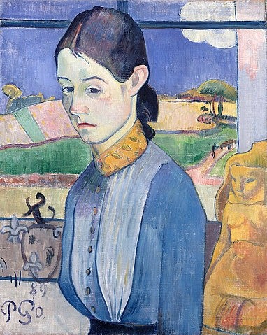Paul Gauguin, Junge Bretonin. 1889. (Gauguin,Paul,1848-1903,Christie's Images Ltd,Öl auf Leinwand,19. Jahrhundert,Frau, Junge,Gauguin, Paul Gauguin,Fenster,traurig,melancholisch,Melancholie,Mundwinkel)