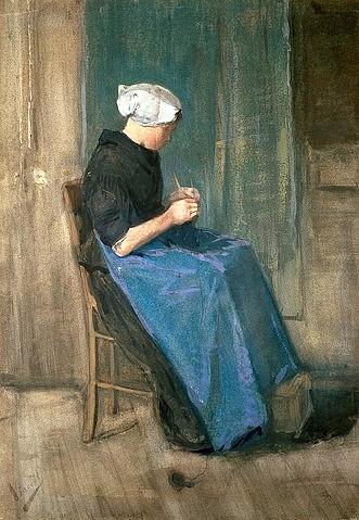 Vincent van Gogh, Strickende Frau aus Scheveningen. 1881 (Gogh,Vincent van,1853-1890,Christie's Images Ltd,Aquarell/Gouache/Papier,19. Jahrhundert,Gogh, Vincent van Gogh,Haushalt,Tracht,Niederlande,Frau,Sitzende,Schürze,Holländerin,Niederländerin,handarbeiten,stricken,Bäuerin,Frühwerk)
