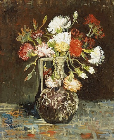 Vincent van Gogh, Blumenstrauss in Keramikkrug. 1886 (Gogh,Vincent van,1853-1890,Christie's Images Ltd,Öl auf Leinwand,19. Jahrhundert,Stillleben,Blumenstillleben,Gogh, Vincent van Gogh,weiße Nelken,rote Nelken,Post-Impressionismus,Blumen)