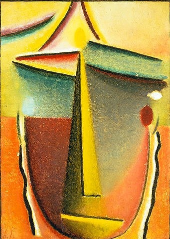 Alexej von Jawlensky, Kopf. (Jawlensky,Alexej von,1864-1941,Christie's Images Ltd,Jawlensky,Alexej von Jawlensky,20. Jahrhundert,Farbwirkung,Farbflächen,abstrakt,abstrahiert,Expressionismus,geometrisch,Gesicht,Kopf,Mund,Melancholie,melancholisch,gelb,orange,Gelbtöne,geschlossene Auge)