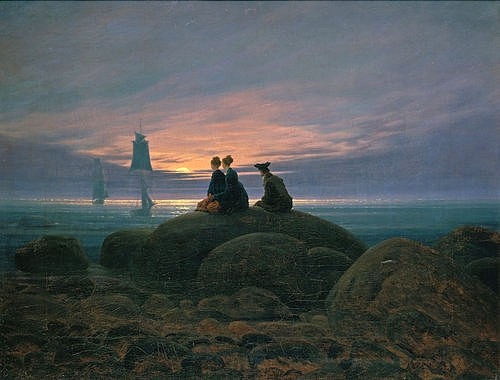 Caspar David Friedrich, Mondaufgang am Meer (Pendant zu Bildnummer 479). 1822 (Friedrich,Caspar David,1774-1840,Berlin,Neue Nationalgalerie,Friedrich,Caspar David Friedrich,19. Jahrhundert,Abend,Meer,Romantik,Stimmung,stimmungsvoll,Küste,Felsen,Felsbrocken,drei,Finsternis,in die Ferne schauen,Ferne,Mondlicht,warten,Wartende,Sehnsuch)