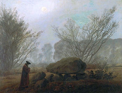 Caspar David Friedrich, Spaziergang i.d.Abenddämmerung (Mann in Betrachtung eines Hühnengrabes) (19. Jahrhundert,1774-1840,Friedrich,Caspar David,Privatbesitz,Caspar David Friedrich,Abend,Gefühl,Friedhof,Friedrich,spaziergang,dämmerung,19. Jahrhundert,nebel, Stein Spaziergang Himmel öde Romantik einsam Einsamkeit Mondlicht Dämmerung Abend abends drau)