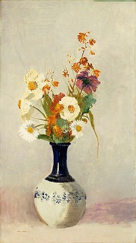 Odilon Redon, Blumen in schwarz-weisser Keramikvase. (Postimpressionismus, Stillleben, Blumenvase, Blüten, Blumen,  floral, klassische Moderne, Malerei, Wohnzimmer, Esszimmer, Treppenhaus, Wunschgröße, bunt)