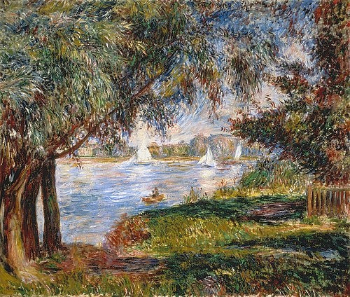 Pierre-Auguste Renoir, Blick durch Bäume auf Segelboote in Bougival. 1888 (Landschaft, Landschaftsmalerei, Sommer, See, Boote, Fluss Seine, Flussufer, Bäume, Idylle, Genießen, Impressionismus, klassische Moderne, Wunschgröße, Wohnzimmer, Malerei)