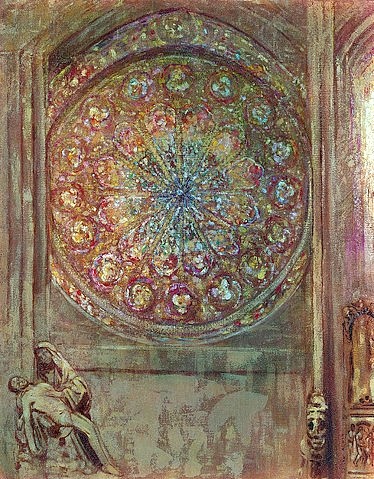 Odilon Redon, Kathedrale (Le vitrail). Um 1912 (Symbolismus, Kirchenfenster, Rosette, Pieta, Trauer, Figurativ, Treppenhaus, Wohnzimmer, Wunschgröße, klassische Moderne, Malerei, bunt)