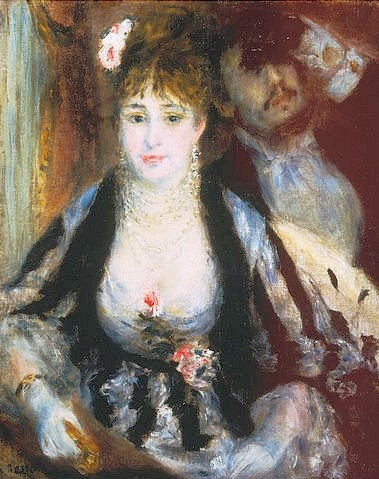 Pierre-Auguste Renoir, In der Loge. 1874 (Theater, Loge, Besucher, Frau, Eleganz, Mann, Fernglas, Opernglas, Kultur,  Gesellschaft, Zuschauer,   Impressionismus, klassische Moderne, Wunschgröße, Wohnzimmer, Malerei)