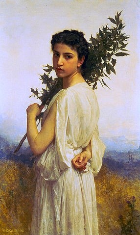 William Adolphe Bouguereau, Nymphe mit Lorbeerzweig. 1900. (Bouguereau,William Adolphe,1825-1905,Christie's Images Ltd,Frau,Junge Frau,Nixe,Bouguereau, William Adolphe 1825-1905,Blick über die Schulter,Schulterblick,Lorbeer,Unschuld,unschuldig)