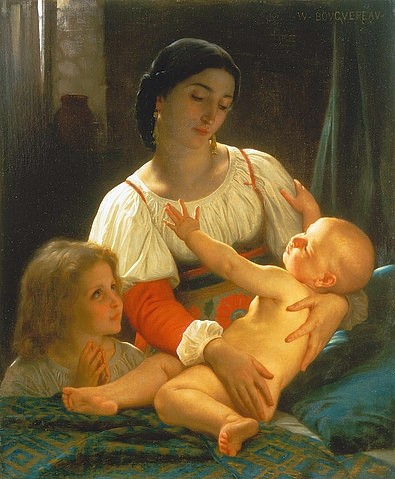 William Adolphe Bouguereau, Nach dem Erwachen. (Bouguereau,William Adolphe,1825-1905,Christie's Images Ltd,Mutter,Bouguereau, William Adolphe 1825-1905,Frau,Baby,Säugling,Geschwister,im Arm halten,Arm ausstrecken)