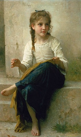 William Adolphe Bouguereau, Kleine Näherin. 1898. (19. Jahrhundert,Christie's Images Ltd,1825-1905,Bouguereau,William Adolphe,Kind,Haushalt,Bouguereau, William Adolphe 1825-1905,Fingerhut,sticken,Handarbeit,barfuß)