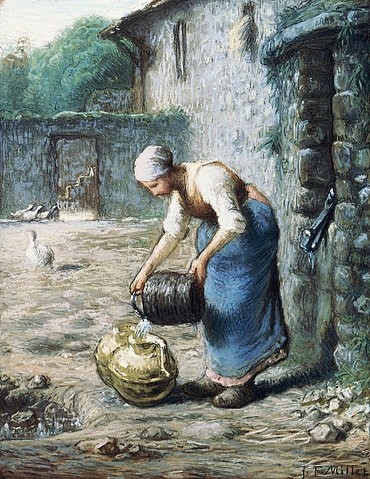 Jean-François Millet, Frau mit Wasserkrügen. Um 1866 (Bauernhof, Magd, Bottich, Wasserkrüge, gießen, Bauerngenre, Realismus,  Wohnzimmer, Esszimmer, Treppenhaus, Wunschgröße, Klassiker, Kreidezeichnung, bunt)