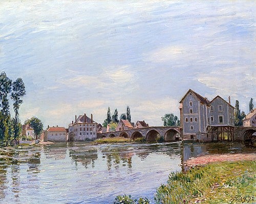 Alfred Sisley, Moret, Fluss und Brücke. 1892. (Landschaft, Landschaftsmalerei, Brücke, steinerne Brücke, Fluss, Viadukt, Loing, Gebäude, Wohnzimmer, Treppenhaus, Impressionismus, Klassische Moderne, Malerei, Wunschgröße, bunt)