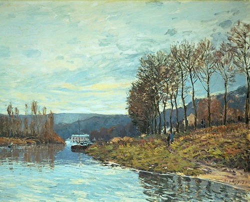 Alfred Sisley, Herbstliche Seinelandschaft bei Bougival. 1873 (Sisley,Alfred,1839-1899,Christie's Images Ltd,Öl auf Leinwand,Sisley, Alfred Sisley,19. Jahrhundert,Fluss,Herbst,Frankreich,Landschaft,Seine,en plein air,plein air,Ufer,Vorstadt,Impressionismus,impressionistisch,idyllisch)