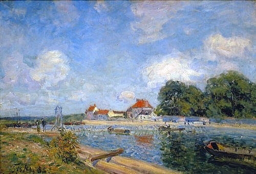 Alfred Sisley, An der Staustufe des Loing bei St. Mammes. 1885 (Sisley,Alfred,1839-1899,Christie's Images Ltd,Öl auf Leinwand,Frankreich,Sisley, Alfred Sisley,Kanal,19. Jahrhundert,Impressionismus,impressionistisch,Fluss,Schleuse,Wehr,Staustufe,Flussschifffahrt,Boote)