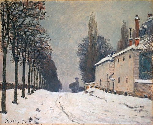 Alfred Sisley, Verschneite Strasse bei Louveciennes. 1874 (Sisley,Alfred,1839-1899,Christie's Images Ltd,Öl auf Leinwand,Winter,Straße,Frankreich,Sisley, Alfred Sisley,19. Jahrhundert,Schnee,verschneit,Allee,Spuren)