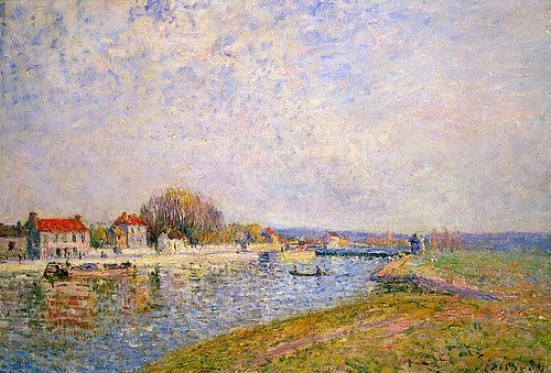 Alfred Sisley, Stauwehr am Loing-Kanal bei Saint-Mammes. 1884 (Sisley,Alfred,1839-1899,Christie's Images Ltd,Öl auf Leinwand,Foto: Christie`s - Artothek,Frankreich,Sisley, Alfred Sisley,Kanal,19. Jahrhundert,Impressionismus,impressionistisch,Fluss,Schleuse,Wehr,Staustufe,Flussschifffahrt,Boote)