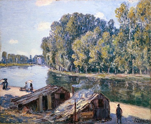 Alfred Sisley, Hütten am Loing-Kanal im Sonnenlicht. 1896 (Sisley,Alfred,1839-1899,Christie's Images Ltd,19. Jahrhundert,Impressionismus,Sisley, Alfred Sisley,Frankreich,Fluss,Ufer,Alfred Sisley,Hütte,Hütten,Schuppen,Fluss,Loing,sonnig,Sonnenschein,friedlich,ruhig,Häuschen,Flussufer,Spaziergänger)