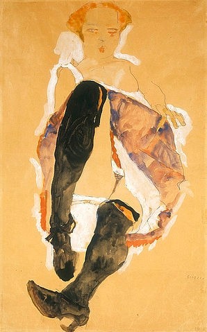 Egon Schiele, Sitzendes Mädchen mit schwarzen Strümpfen. 1911 (Gouache u. Aquarell, Expressionismus, junge Frau, Mädchen, Beine, Strümpfe, Rock Erotik, erotisch, Wohnzimmer, Treppenhaus, Wunschgröße, bunt)