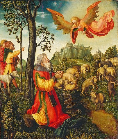 LUCAS CRANACH Der Ältere, Der Engel erscheint dem hl. Joachim. 1518 (Heiliger Joachim,  Engel, Landschaft, Schafe, Schafherde, Beten, Traum, Religon, Christlich, Neues Testament, Klassiker, Renaissance, Wunschgröße, Wohnzimmer)