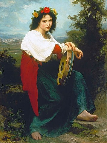 William Adolphe Bouguereau, Italienerin mit Tambourin. 1872. (19. Jahrhundert,Öl auf Leinwand,Christie's Images Ltd,1825-1905,Bouguereau,William Adolphe,Musik,Italien,Frau,Bouguereau, William Adolphe 1825-1905,barfuß,Blumenkranz,bäuerlich,rustikal,Tamburin)