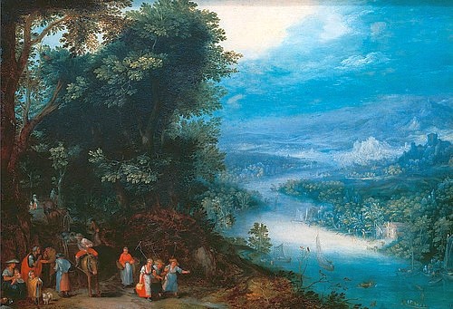 JAN BRUEGHEL DER ÄLTERE, Waldige Flusslandschaft mit Fahrweg. Um 1602 (17. Jahrhundert,Öl/Kupfer,Basel,Kunstmuseum,1568-1625,Brueghel d.Ä.,Jan,Jan Brueghel der Ältere,Landschaft,Fluss,Perspektive)