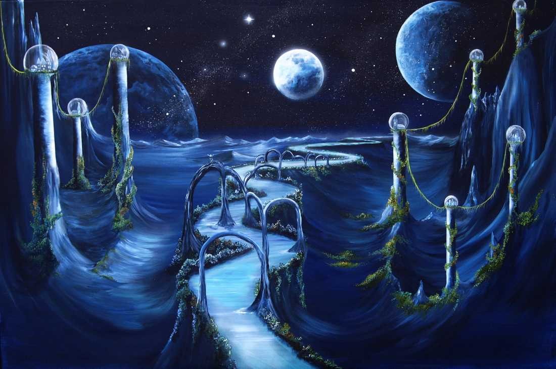 Conny Krakowski, Angekommen (Surrealismus, Traum, Magie, Esoterik, Baum, Traumbaum,Lebensbaum,Geburt,Leben,Sterben,Wege, Lebensweg, Phantasie,Fantasie,Realismus,Malerei,Gemläde,detaiiert,Traumbild,Traumlandschaft,Landschaftsmalerei,Träumerei,Wasserfall,Berge,Wolken,)