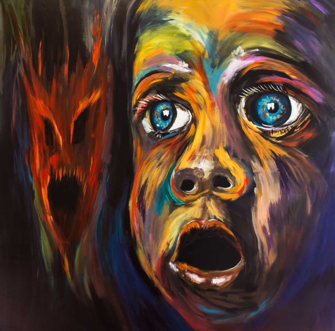Conny Krakowski, Angst (Surrealismus, Traum, Magie, Esoterik, Baum, Traumbaum,Lebensbaum,Geburt,Leben,Sterben,Wege, Lebensweg, Phantasie,Fantasie,Realismus,Malerei,Gemläde,detaiiert,Traumbild,Traumlandschaft,Landschaftsmalerei,Träumerei,Wasserfall,Berge,Wolken,)