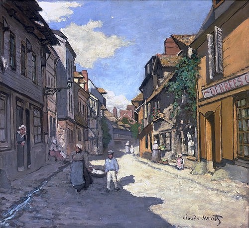 Claude Monet, Dorfstrasse in der Normandie (Rue de la Bavolle, Honfleur). Um 1867. (französischer,Impressionismus,19. Jahrhundert,1840-1926,Mannheim,Kunsthalle,Monet,Claude,Dorf,Frankreich,Monet,Strasse,Impressionismus)