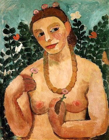 Paula Modersohn-Becker, Selbstbildnis 1906, Halbakt mit Bernsteinkette. (20. Jahrhundert,Pappe,Bremen,Modersohn-Becker Stiftung,1876-1907,Modersohn-Becker,Paula,Selbstbildnis,Modersohn-Becker,Schmuck,Modersohn-Becker, Paula 1876-1907,Halskette,Blumen)