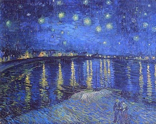 Vincent van Gogh, Sternennacht. 1888 (Landschaft, Frankreich, Natur, Fluss, Dorf, Himmel, Nachthimmel, Sterne, Mond, Spiegelungen, Reflexionen, Nachtszene, Klassische Moderne, Impressionismus, Wohnzimmer, Treppenhaus, Wunschgröße, bunt)