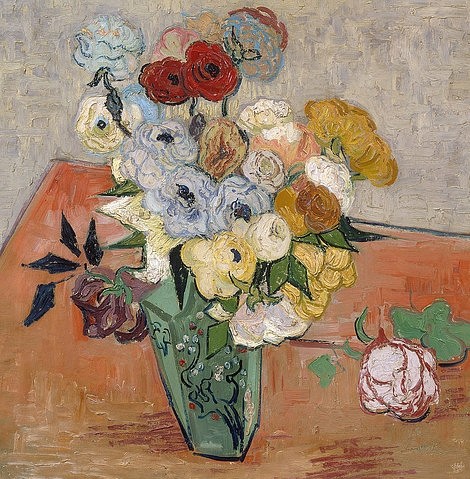 Vincent van Gogh, Vase mit Rosen und Anemonen. 1890 (Gogh,Vincent van,1853-1890,Paris,Musée d'Orsay,Vincent van Gogh,Gogh,Blumen,Rose,Rosen,Anemonen,Stilleben,Stillleben,19. Jahrhundert,19. Jh.,Vase)