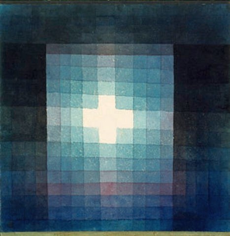 Paul Klee, Christliches Grabmal - Kreuzbild. 1923, 111 (Aquarell/Papier auf Karton,20. Jahrhundert,Christie's Images Ltd,1879-1940,Klee,Paul,Kreuze,Abstrakte Kunst,Klee, Paul 1879-1940,leuchten,weiß,Dunkel,Blautöne,Farbabstufungen,Kreuz,christlich,Symbol,blau)