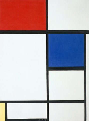 Piet Mondrian, Komposition II, mit Rot, Blau und Gelb. 1930 (Malerei, Klassische Moderne, Konstruktivismus,  Neoplastizismus, geometrische Felder, Rechtecke, Raster, Wohnzimmer, Büro, Schlafzimmer, Arztpraxis, Wunschgröße, bunt)