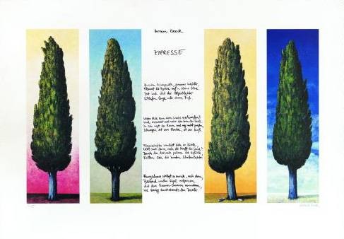 Rasch Folkert 4 Zypressen mit Gedicht (1999) (Lithographie, handsigniert) (Bäume, Zypressen, mediterran, Gedicht, Grafik, Treppenhaus, Wohnzimmer, Arztpraxis, Original, signiert, bunt)