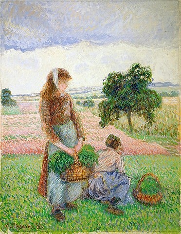 Camille Pissarro, Bäuerinnen mit Körben. 1888 (19. Jahrhundert,Gouache/Lwd.,Christie's Images Ltd,1830-1903,Pissarro,Camille,Bauern,Pissarro, Camille 1830-1903,Korb,Körbe,Feld,Frauen, französischer impressionismus)