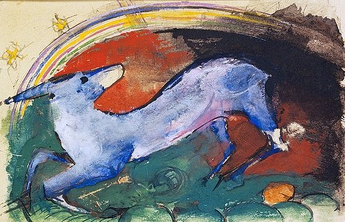 Franz Marc, Bläuliches Fabeltier. 1913. Postkarte an Else Lasker-Schüler. (20. Jahrhundert,1880-1916,Marc,Franz,München,Pinakothek der Moderne,Regenbogen,Marc, Franz 1880-1916, Bayerische Staatsgemäldesammlungen,Tier,Fabeltier,springen,Postkarte,Else Lasker Schüler)