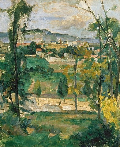 Paul Cézanne, Dorf hinter Bäumen, in der Ile de France (Village derrière les arbres, Ile de France). Um 1879 (Cézanne,Paul,1839-1906,Christie's Images Ltd,Öl auf Leinwand,19. Jahrhundert,Frankreich,Cézanne, Paul Cezanne,1839-1906,Landschaft,Postimpressionismus)