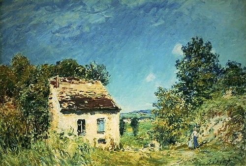 Alfred Sisley, Das verlassene Haus (La Maison Abandonée). 1887 (Öl auf Leinwand,19. Jahrhundert,Christie's Images Ltd,1839-1899,Sisley,Alfred,Alfred Sisley Landhaus Cottage verlassen, auf dem land,blauer Himmel)