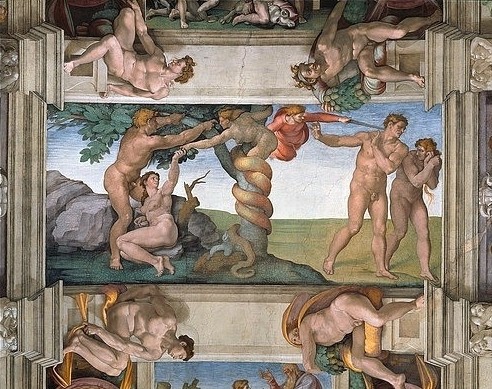 MICHELANGELO BUONARROTI, Sündenfall und Vertreibung aus dem Paradies.  Deckengemälde in der Sixtinischen Kapelle (Sündenfall, Adam, Eva, Schlange, Versuchung, Satan, Schlange, Klassiker, Renaissance, Fresko, Deckengemälde, Sixtinische  Kapelle, Wunschgröße, bunt)