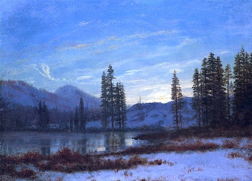 Albert Bierstadt, Winterlandschaft in den Rocky Mountains. (Christie's Images Ltd,Bierstadt,Albert,1830-1902,Öl/Papier/Karton,USA,Abend,Berge,Bierstadt, Albert 1830-1902, Vereinigte Staaten)