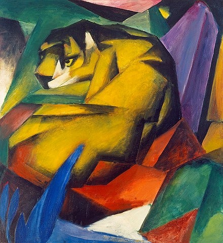Franz Marc, Der Tiger. 1912 (München,Städtische Galerie,Marc,Franz,1880-1916,Öl auf Leinwand,20. Jahrhundert,Expressionismus,tier,Marc,20. Jahrhundert,tiger,Blauer Reiter,Kuben,kubistisch,gelb,Prismen)