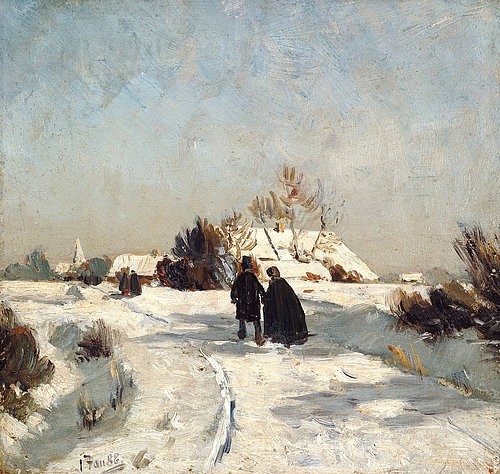 Otto Modersohn, Neujahrstag. 1888 (Winter, Schnee, Dorf, Spaziergang, Paar, Neujahr, Landschaft, Landschaftsmalerei,  Künstlerkolonie Worpswede, Klassische Moderne,   Wohnzimmer, Treppenhaus, Wunschgröße)
