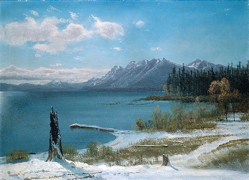 Albert Bierstadt, Winterlicher Lake Tahoe. (Christie's Images Ltd,Bierstadt,Albert,1830-1902,Öl/Papier auf Pappe,USA,Winter,See,Albert Bierstadt,Schnee,Sonnenschein,Wolke,Gebirge,Berg,19. Jahrhundert,20. Jahrhundert,lake Tahoe, Vereinigte Staaten)