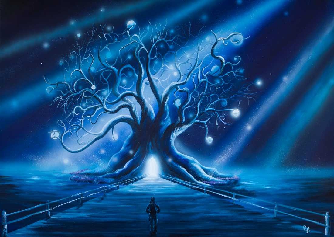 Conny Krakowski, Auf dem Weg (Surrealismus, Traum, Magie, Esoterik, Baum, Traumbaum,Lebensbaum,Geburt,Leben,Sterben,Wege, Lebensweg, Phantasie,Fantasie,Realismus,Malerei,Gemläde,detaiiert,Traumbild,Traumlandschaft,Landschaftsmalerei,Träumerei,Wasserfall,Berge,Wolken,)