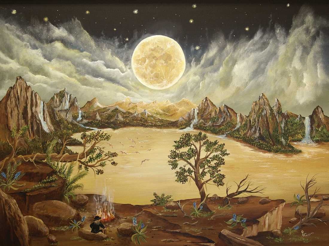 Conny Krakowski, Auf der Walz (Surrealismus, Traum, Magie, Esoterik, Baum, Traumbaum,Lebensbaum,Geburt,Leben,Sterben,Wege, Lebensweg, Phantasie,Fantasie,Realismus,Malerei,Gemläde,detaiiert,Traumbild,Traumlandschaft,Landschaftsmalerei,Träumerei,Wasserfall,Berge,Wolken,)