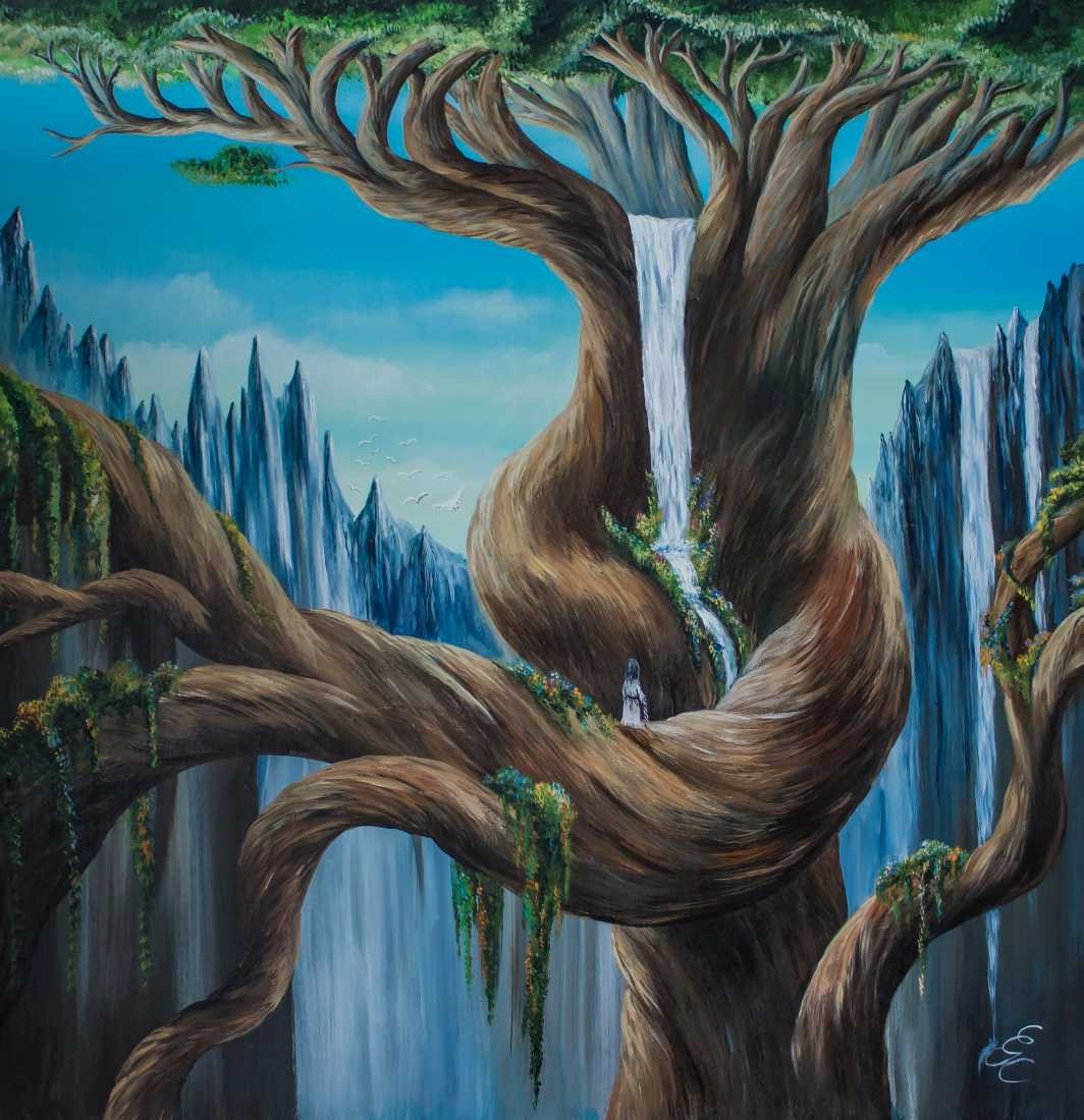 Conny Krakowski, Auf Wanderschaft (Surrealismus, Traum, Magie, Esoterik, Baum, Traumbaum,Lebensbaum,Geburt,Leben,Sterben,Wege, Lebensweg, Phantasie,Fantasie,Realismus,Malerei,Gemläde,detaiiert,Traumbild,Traumlandschaft,Landschaftsmalerei,Träumerei,Wasserfall,Berge,Wolken,)