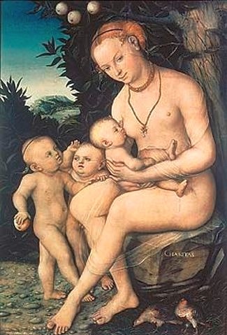 LUCAS CRANACH Der Ältere, Caritas. (Aktmalerei, nackte Frau, Nächstenliebe, Babys, Kleinkinder, Säugen stillen, Apfelbaum, Allegorie, Klassiker, Renaissance, Wunschgröße, Wohnzimmer)