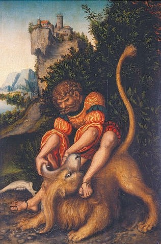 LUCAS CRANACH Der Ältere, Simson, mit dem Löwen kämpfend. Um 1520-1525 (Samson, Löwe, Kampf, Kraft, Landschaft, Felsen, Burg, Religion, altes Testament, Klassiker, Renaissance, Wunschgröße, Wohnzimmer)
