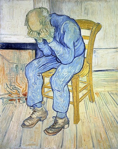 Vincent van Gogh, An der Schwelle zur Ewigkeit (Treurende oude man). 1890 (Alter Mann, gebeugt, Schicksal, Leid, Trauer, einsam, weinen, Verzweiflung, Unglück, Stuhl, Feuerstelle, Klassische Moderne, Impressionismus, Wohnzimmer, Treppenhaus, Wunschgröße, bunt)